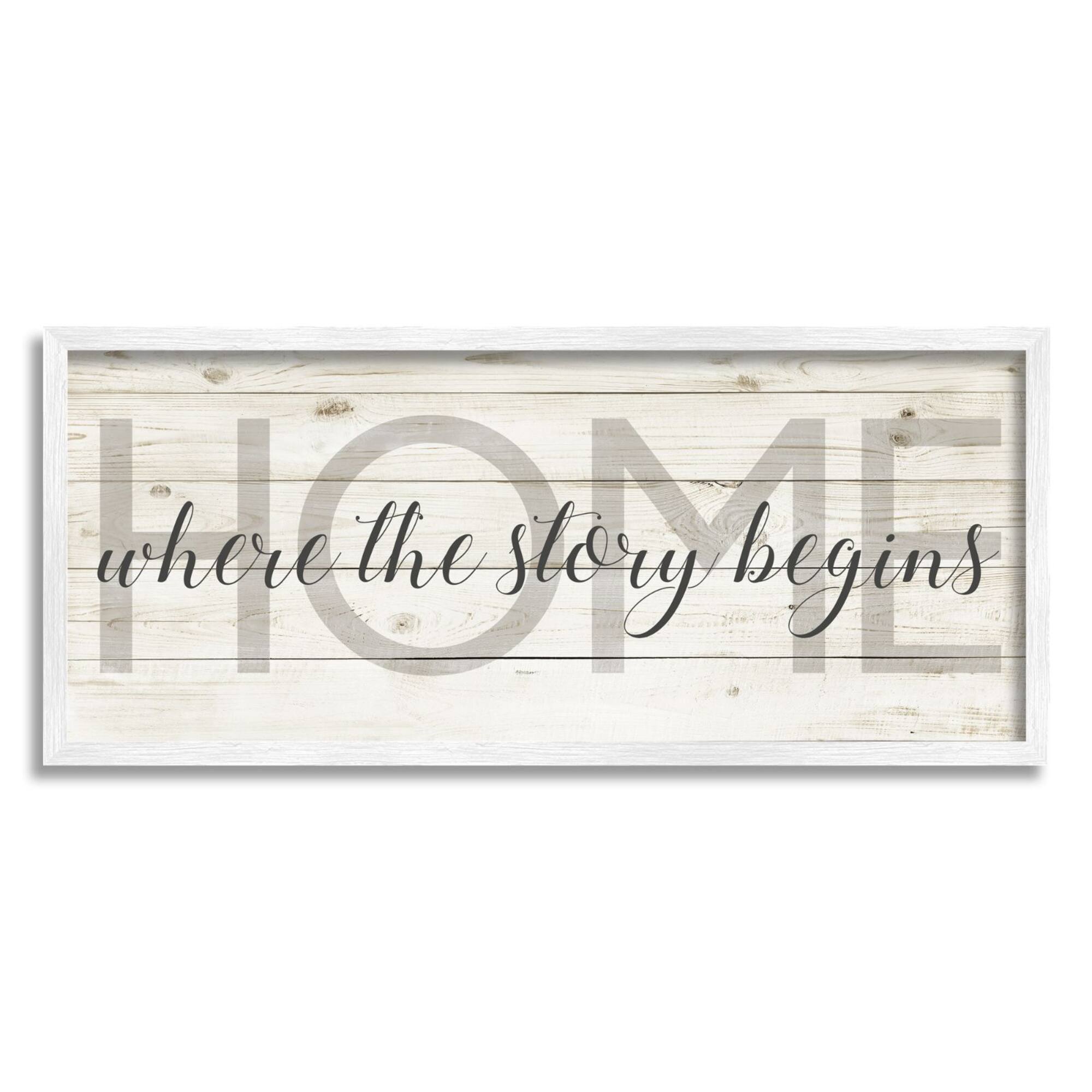 Stupell Industries Story Begins Family Home Inspirational Word Textured Wood Design Framed Wall Art